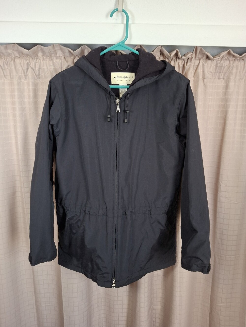 Eddie Bauer Black Nylon Hooded Windbreaker Zip Up Jacket Size Small
